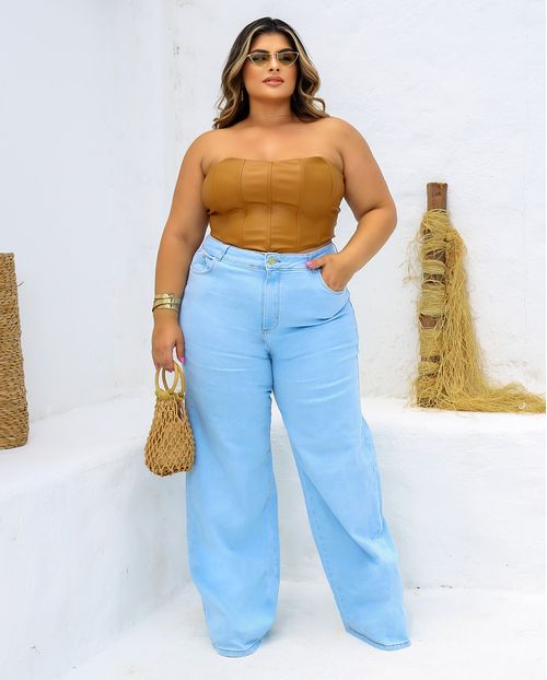 Calça Jeans Wide Leg Plus Size Feminina Cintura Alta Básica 28006 Clara
