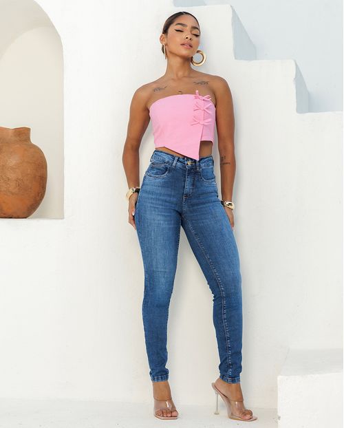Calça Jeans Skinny Feminina Pala Curva e Bolso Diferenciado Cintura Média  24475 Escura