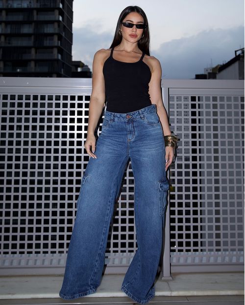 Calça Jeans Wide Leg Feminina Cargo Relaxed Cintura Baixa 29214 Sky