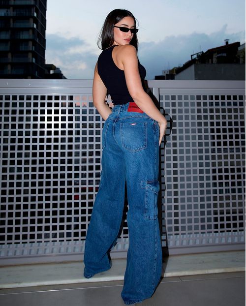 Calça Jeans Wide Leg Feminina Cargo Relaxed Cintura Baixa 29214 Sky