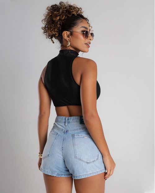 Shorts Jeans Mom Feminino Cintura Alta Detalhe Bolso Ana Castela 24360 Clara