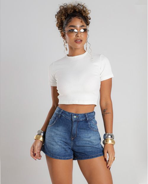 Shorts Jeans Mom Feminino Cintura Alta Detalhe Bolso Ana Castela 24360 Média