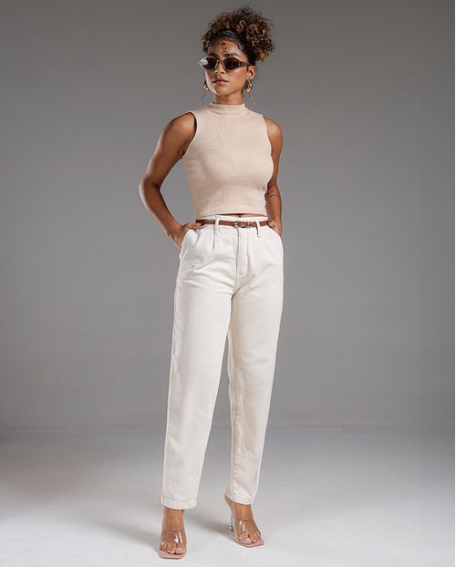 Calça Jeans Feminina Reta Cós Revel e Cinto Caramelo 24456 Off White