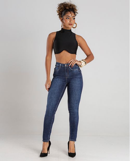 Calça Jeans Skinny Feminina Pala Curva e Bolso Diferenciado Cintura Média  24470 Escura
