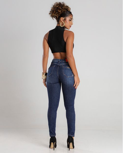 Calça Jeans Skinny Feminina Pala Curva e Bolso Diferenciado Cintura Média  24470 Escura