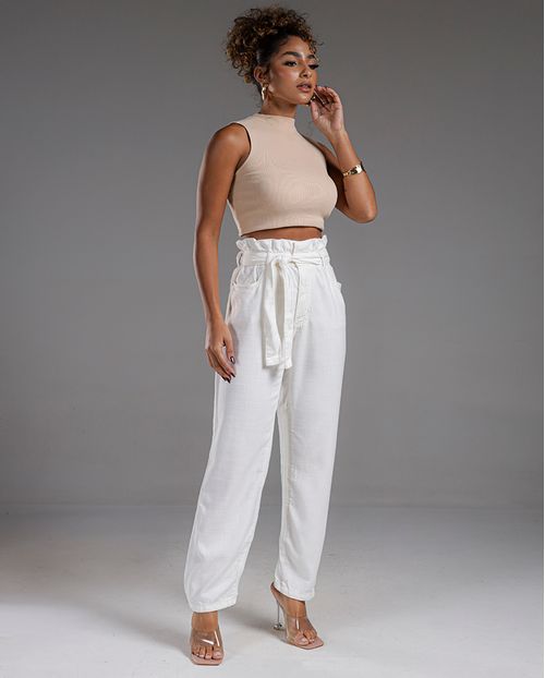 Calça Sarja Feminina Clochard com Cinto 24512 Off White