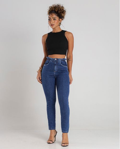 Calça Jeans Mom Feminina Cintura Alta Cós Clochard 23642 Escura