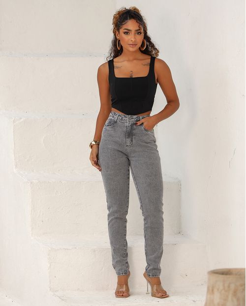 Calça Jeans Mom Feminina Cintura Alta 24727 Cinza
