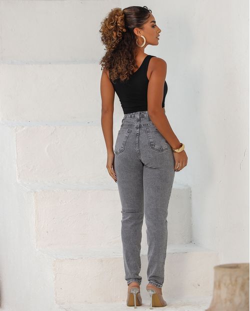 Calça Jeans Mom Feminina Cintura Alta 24727 Cinza