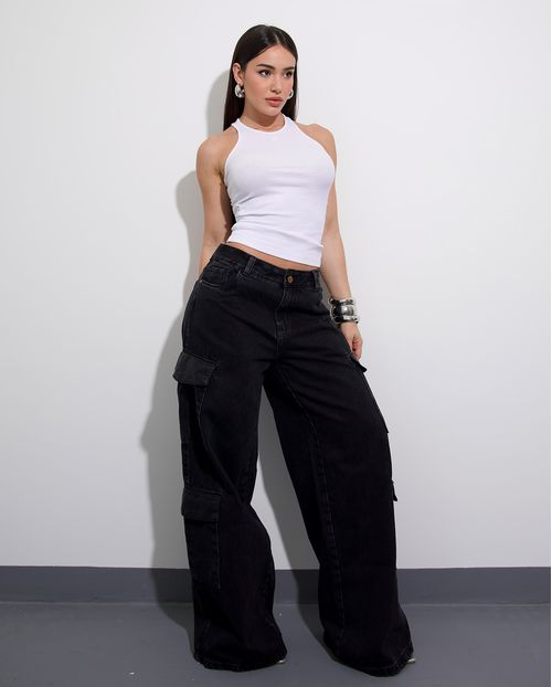 Calça Jeans Wide Leg Feminina Relaxed Cargo 24705 Vintage