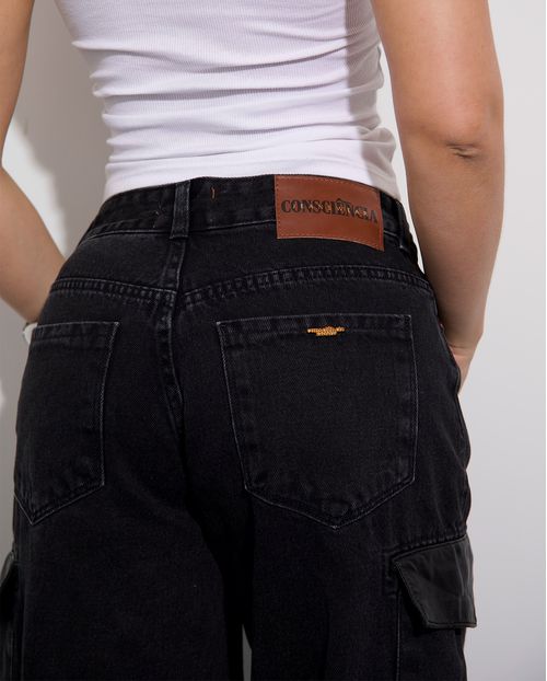 Calça Jeans Wide Leg Feminina Relaxed Cargo 24705 Vintage