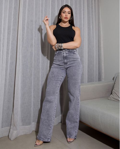 Calça Jeans Wide Leg Fem 24726 Cinza