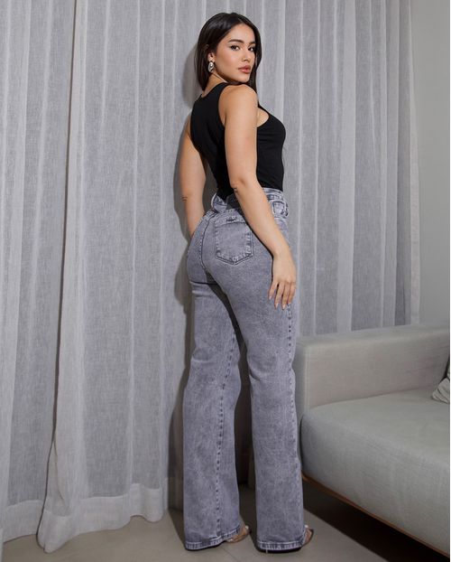 Calça Jeans Wide Leg Fem 24726 Cinza