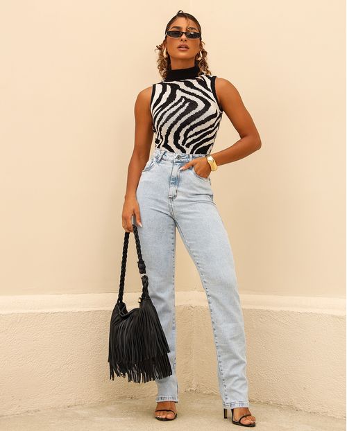 Calça Jeans Reta Feminina Cintura Alta com Elastano 23984 Sky Claro