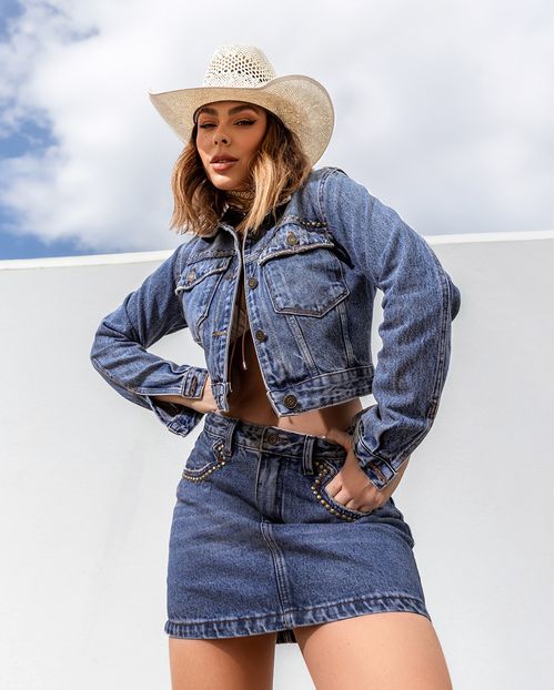 Mini Saia Jeans Feminina com Aplicação Ana Castela 24411 Sujinha