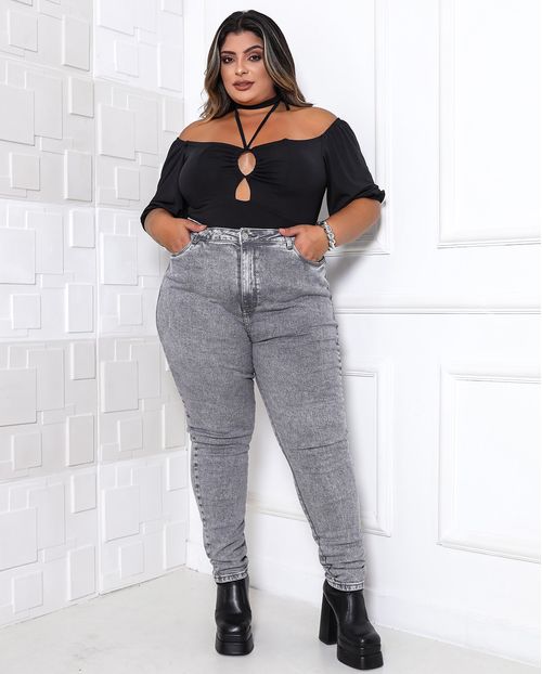 Calça Jeans Mom Feminina Plus Size Básica com Elastano 00229 Cinza