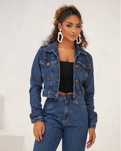 Jaqueta Jeans Cropped Feminina Básica 23552 Escura