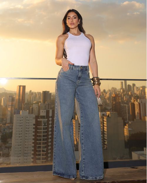 Calça Jeans Wide Leg Feminina Relaxed Cintura Baixa 29909 Medio Vintage