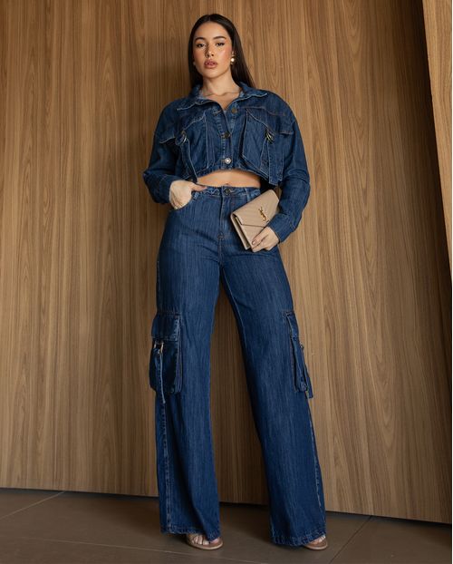 Calça Jeans Wide Leg Feminina Relaxed Cargo  24651 Escura