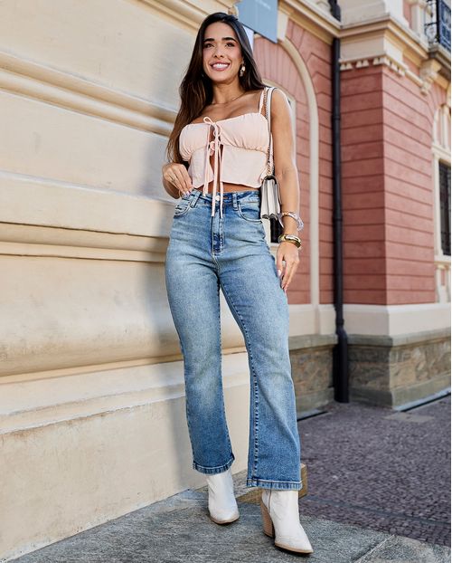 Calça Jeans Cropped Flare Feminina Cintura Média Básica 23623 Sky Medio