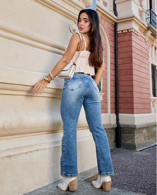 Calça Jeans Cropped Flare Feminina Cintura Média Básica 23623 Sky Medio