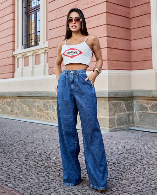 Calça Jeans Wide Leg Feminina com Prega Cintura Alta 24533 Escura