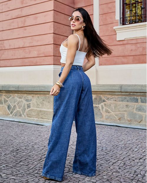 Calça Jeans Wide Leg Feminina com Prega Cintura Alta 24533 Escura