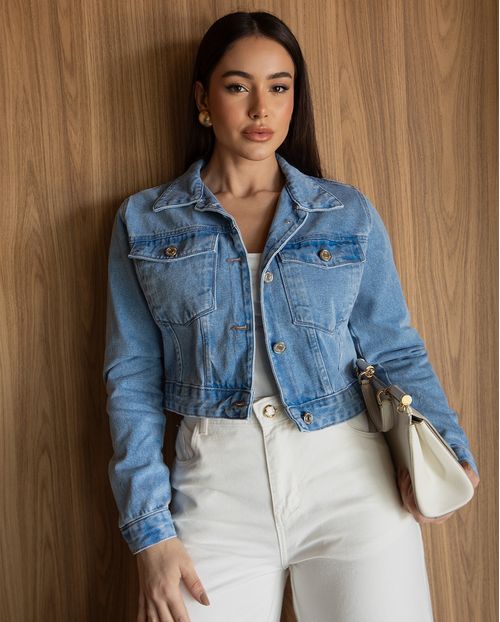 Jaqueta Jeans Feminina Cropped 00902 Sky Médio