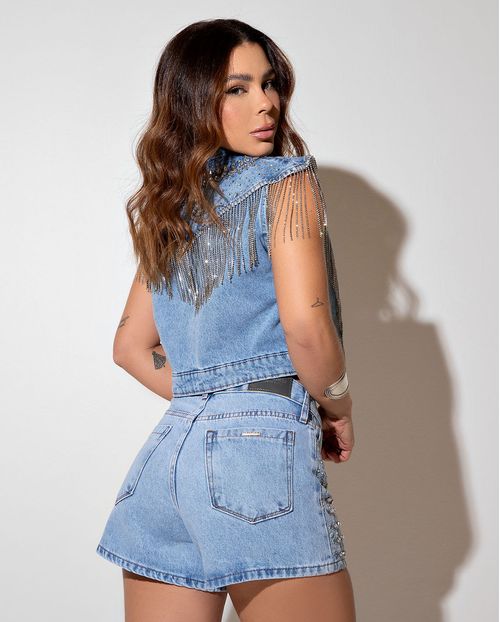 Shorts Jeans Mom Feminino com Bordado e Aplicação 24636 Clara