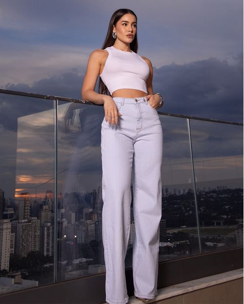 Calça Wide Leg Feminina Listrada Cintura Alta 28019 Clara