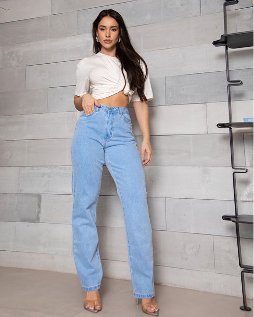 Calça Jeans Reta Feminina Cintura Alta sem Elastano Básica 00401 Sky Claro