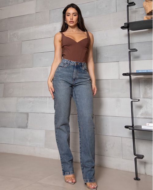 Calça Jeans Reta Feminina Cintura Alta sem Elastano Básica 00401 Sujinha