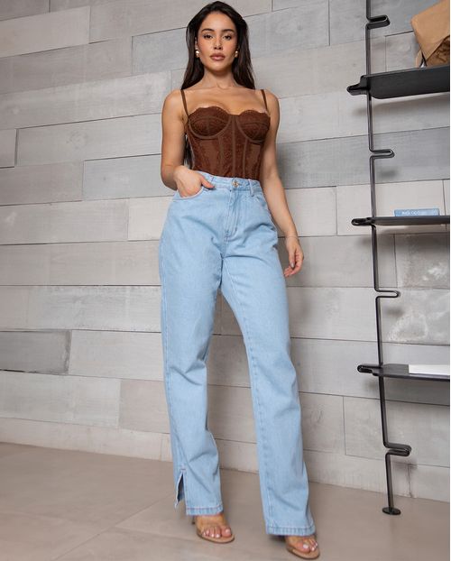 Calça Jeans Wide Loose Feminina Cintura Alta Abertura Lateral Barra 02920 Clara