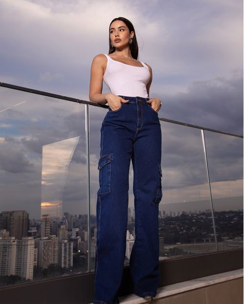 Calça Jeans Wide Leg Feminina Cintura Alta Cargo com Elastano 22999 Escura