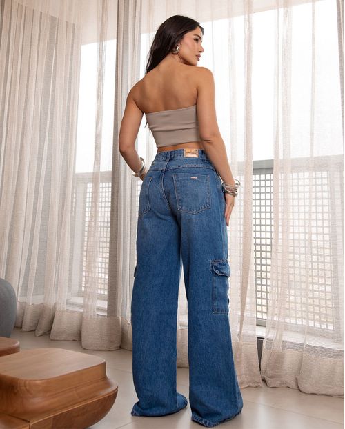 Calça Jeans Wide Leg Feminina Cargo Relaxed Cintura Baixa 29214 Sky Médio