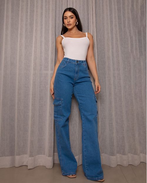 Calça Jeans Wide Leg Feminina Cintura Alta Cargo com Elastano 22999 Média