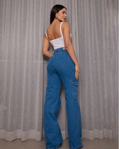 Calça Jeans Wide Leg Feminina Cintura Alta Cargo com Elastano 22999 Média