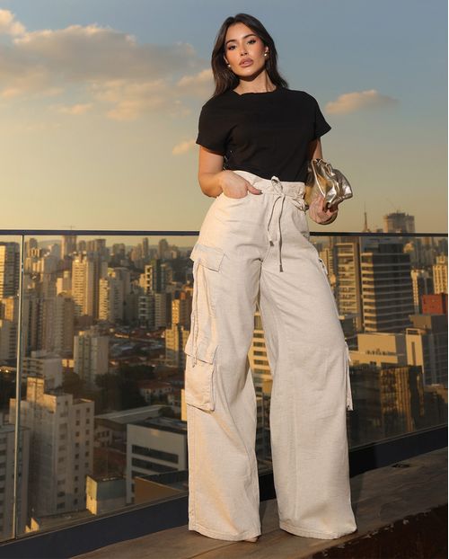 Calça Linho Wide Leg Feminina Cargo 24653 Linho
