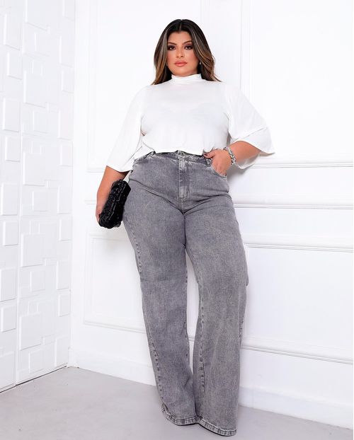 Calça Jeans Wide Leg Plus Size Feminina Cintura Alta Básica 28006 Cinza