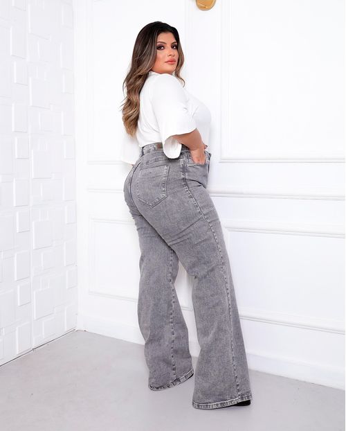 Calça Jeans Wide Leg Plus Size Feminina Cintura Alta Básica 28006 Cinza