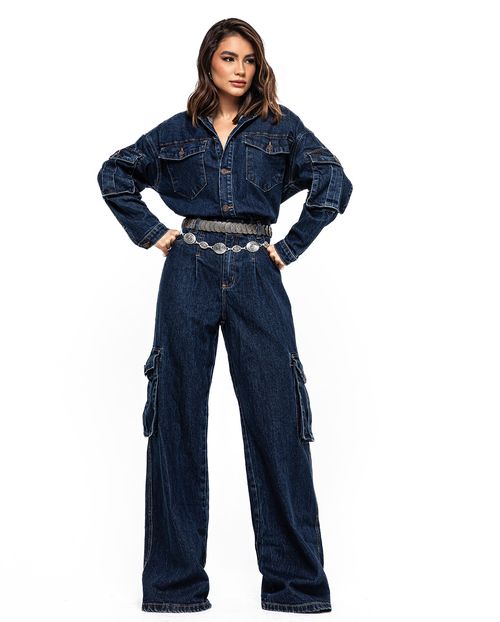 Macacão Jeans Wide Leg Feminino Cargo 24609 Escura