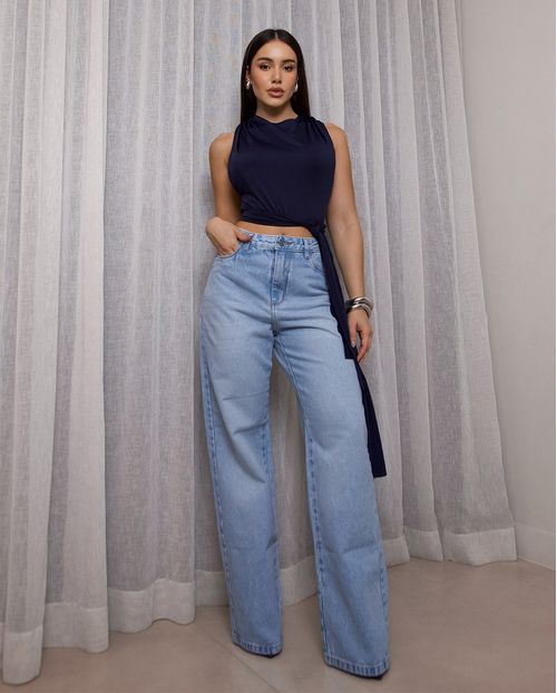 Calça Jeans Wide Leg Feminina Cintura Alta Básica Algodão 29000 Sky Marmorizado