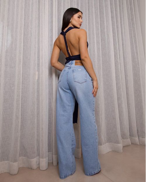 Calça Jeans Wide Leg Feminina Cintura Alta Básica Algodão 29000 Sky Marmorizado