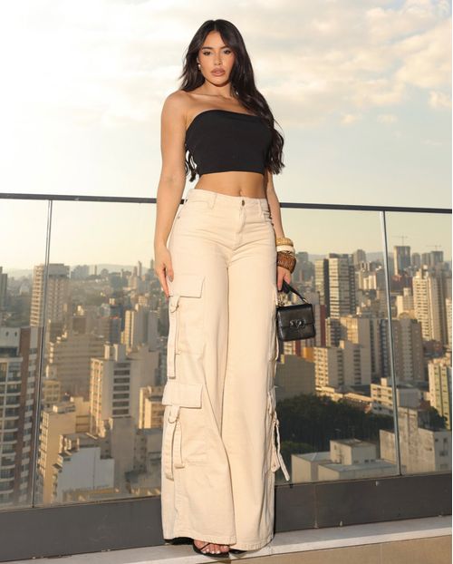 Calça Jeans Wide Leg Feminina Relaxed Cargo 24709 Off White