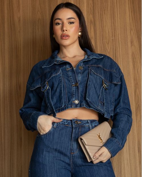 Jaqueta Jeans Over Feminina Cropped 24650 Escura
