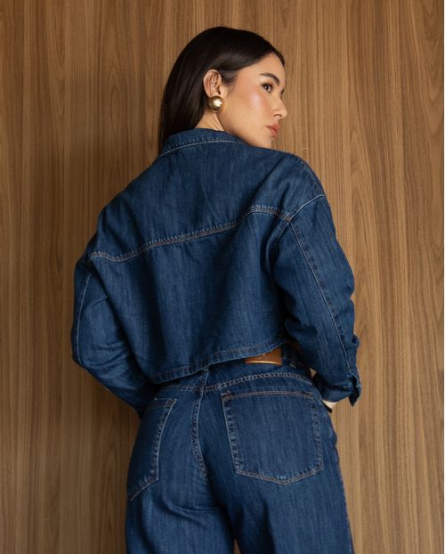 Jaqueta Jeans Over Feminina Cropped 24650 Escura