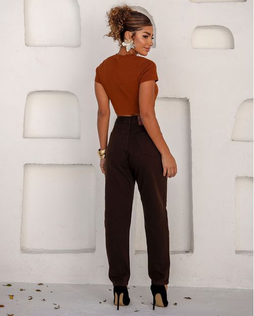 Calça Jeans Mom Feminina Cintura Alta 101vibes Algodão 00101 Marrom