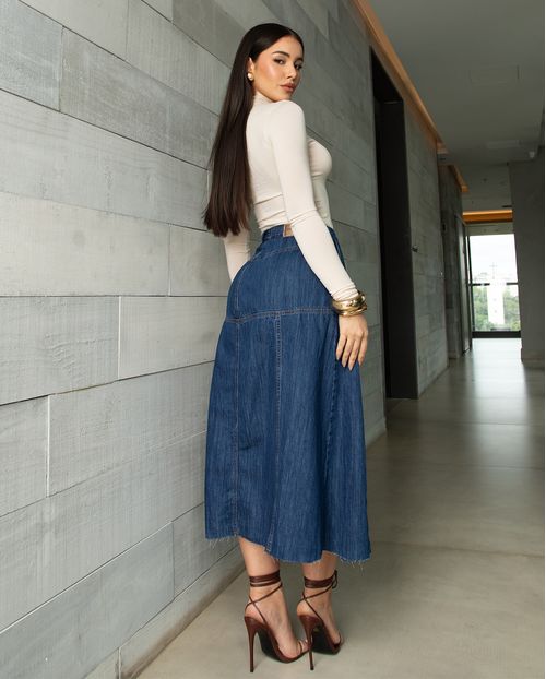 Saia Jeans Midi Feminina com Fenda 24734 Escura