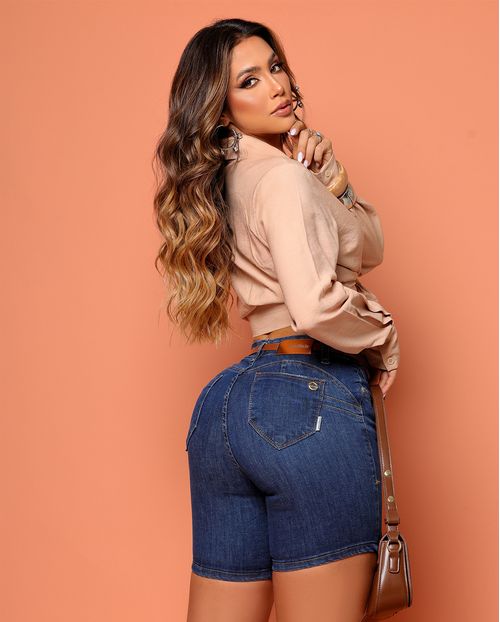 Shorts Jeans Meia Coxa Feminino com Cinto 24594 Escura