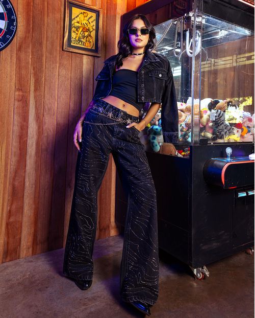 Calça Jeans Feminina Wide Leg com Aplicação Frontal 24665 Vintage